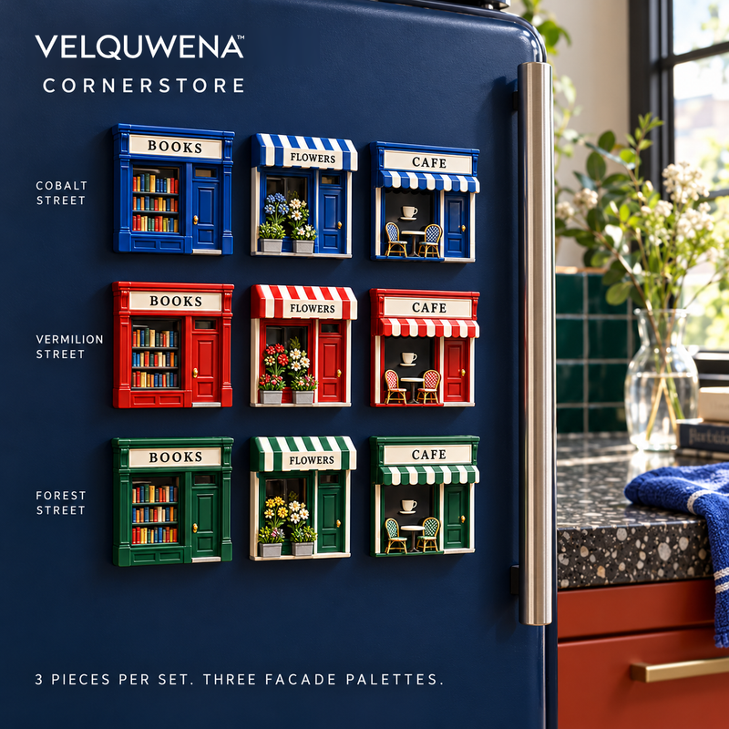VELQUWENA™ Cornerstore Shopfront Refrigerator Magnets — 3-Piece Miniature Storefront Fridge Magnet Set with Bookshop, Florist & Cafe Designs