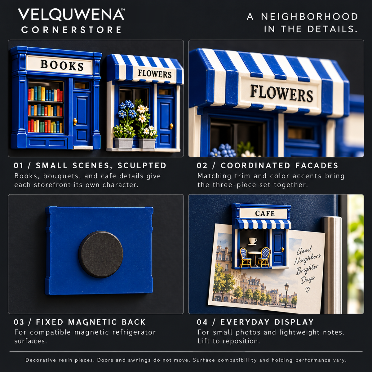 VELQUWENA™ Cornerstore Shopfront Refrigerator Magnets — 3-Piece Miniature Storefront Fridge Magnet Set with Bookshop, Florist & Cafe Designs