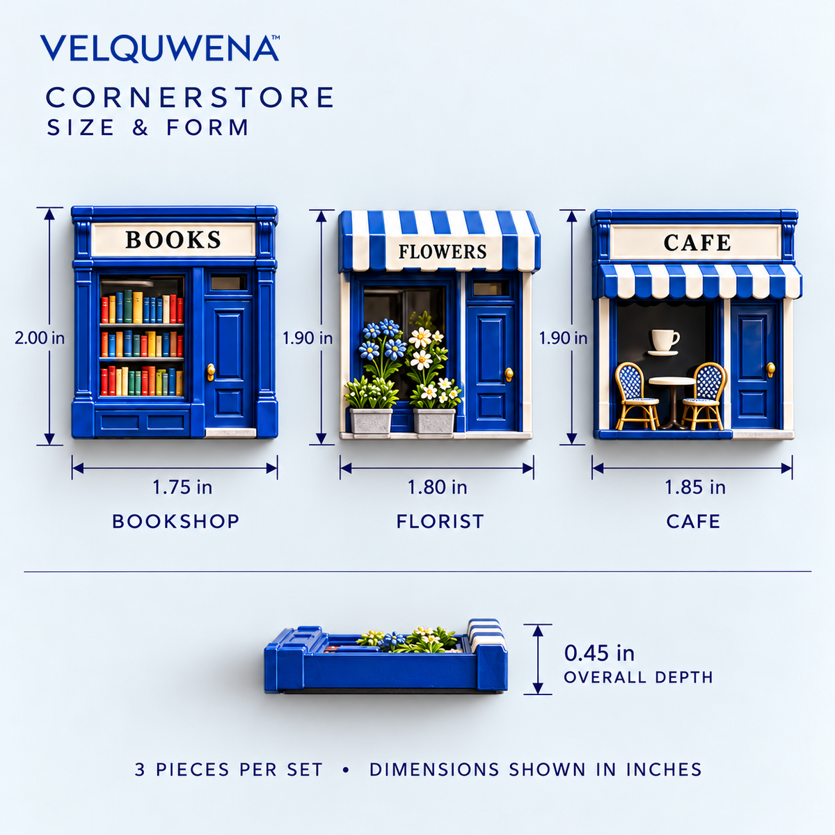 VELQUWENA™ Cornerstore Shopfront Refrigerator Magnets — 3-Piece Miniature Storefront Fridge Magnet Set with Bookshop, Florist & Cafe Designs