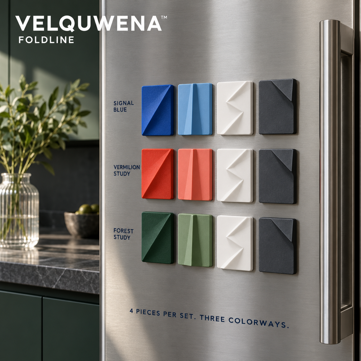 VELQUWENA™ Foldline Abstract Fridge Magnets — 4-Piece Folded-Form Resin Refrigerator Magnet Set for Kitchen Notes, Photos & Office Boards