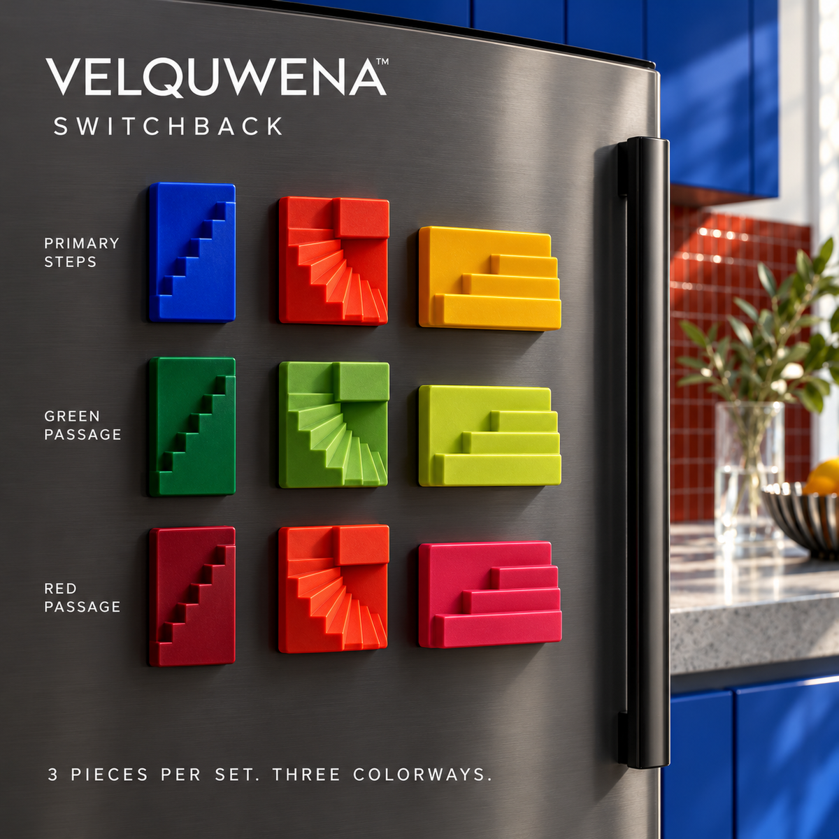 VELQUWENA™ Switchback Staircase Refrigerator Magnets — 3-Piece Sculptural Architecture Fridge Magnet Set for Photos, Notes & Magnetic Board Decor