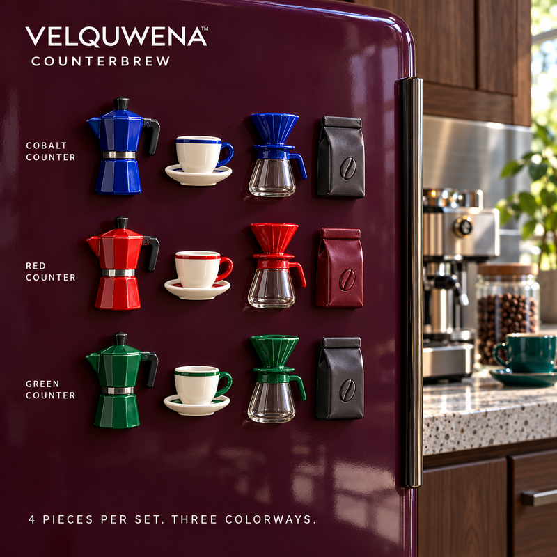 VELQUWENA™ Counterbrew Coffee Refrigerator Magnets — 4-Piece Resin Fridge Magnet Set with Moka Pot, Espresso Cup, Pour-Over & Coffee Bag Designs