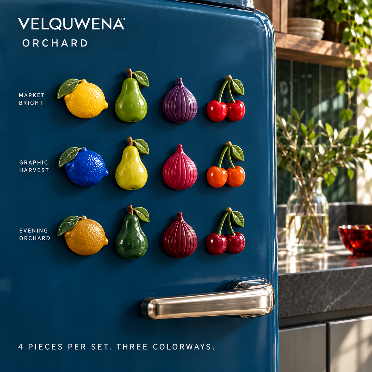 VELQUWENA™ Orchard Fruit Refrigerator Magnets — 4-Piece Sculptural Resin Fridge Magnet Set with Lemon, Pear, Fig & Cherry Designs