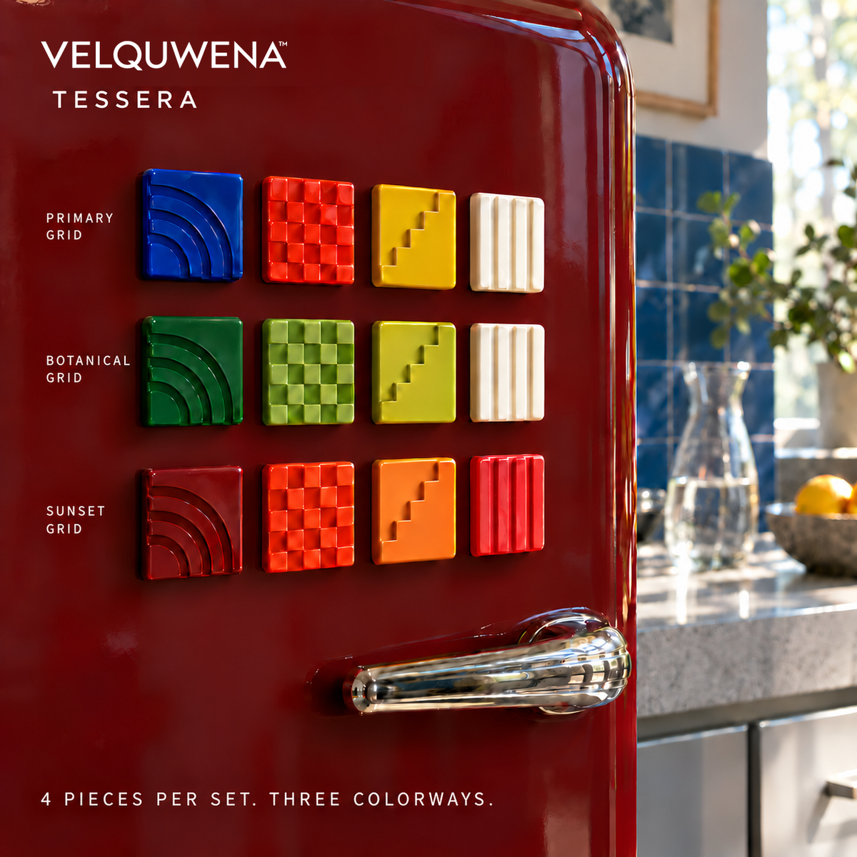 VELQUWENA™ Tessera Decorative Tile Fridge Magnets — 4-Piece Geometric Relief Refrigerator Magnet Set for Kitchen Photos, Notes & Magnetic Boards