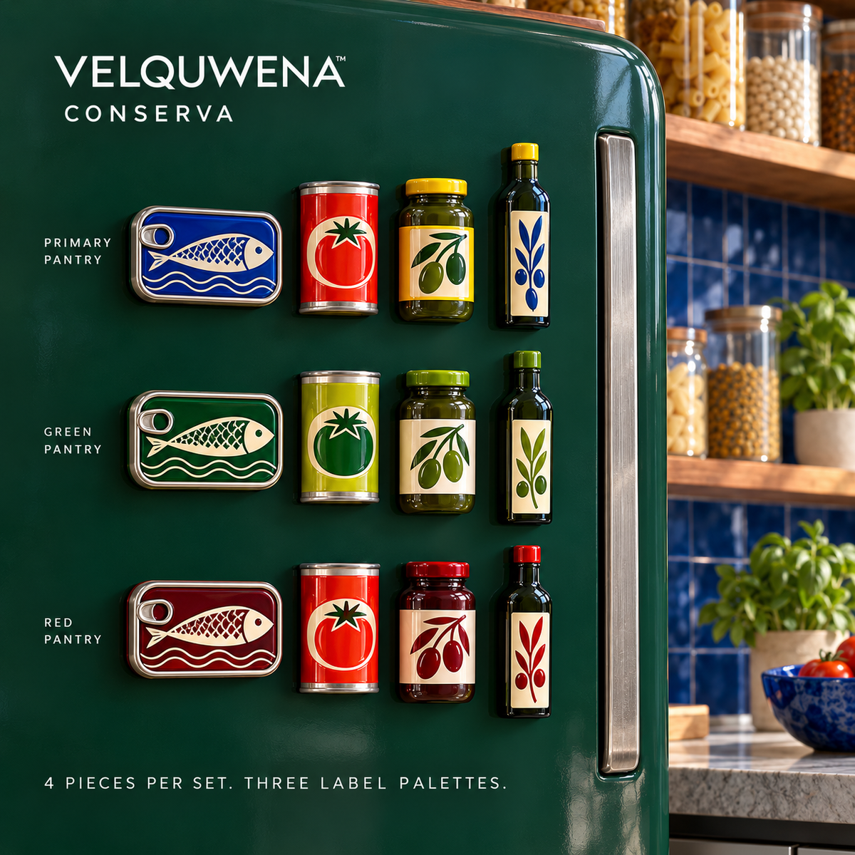 VELQUWENA™ Conserva Pantry Refrigerator Magnets — 4-Piece Decorative Resin Fridge Magnet Set with Sardine Tin, Tomato Can, Olive Jar & Oil Bottle