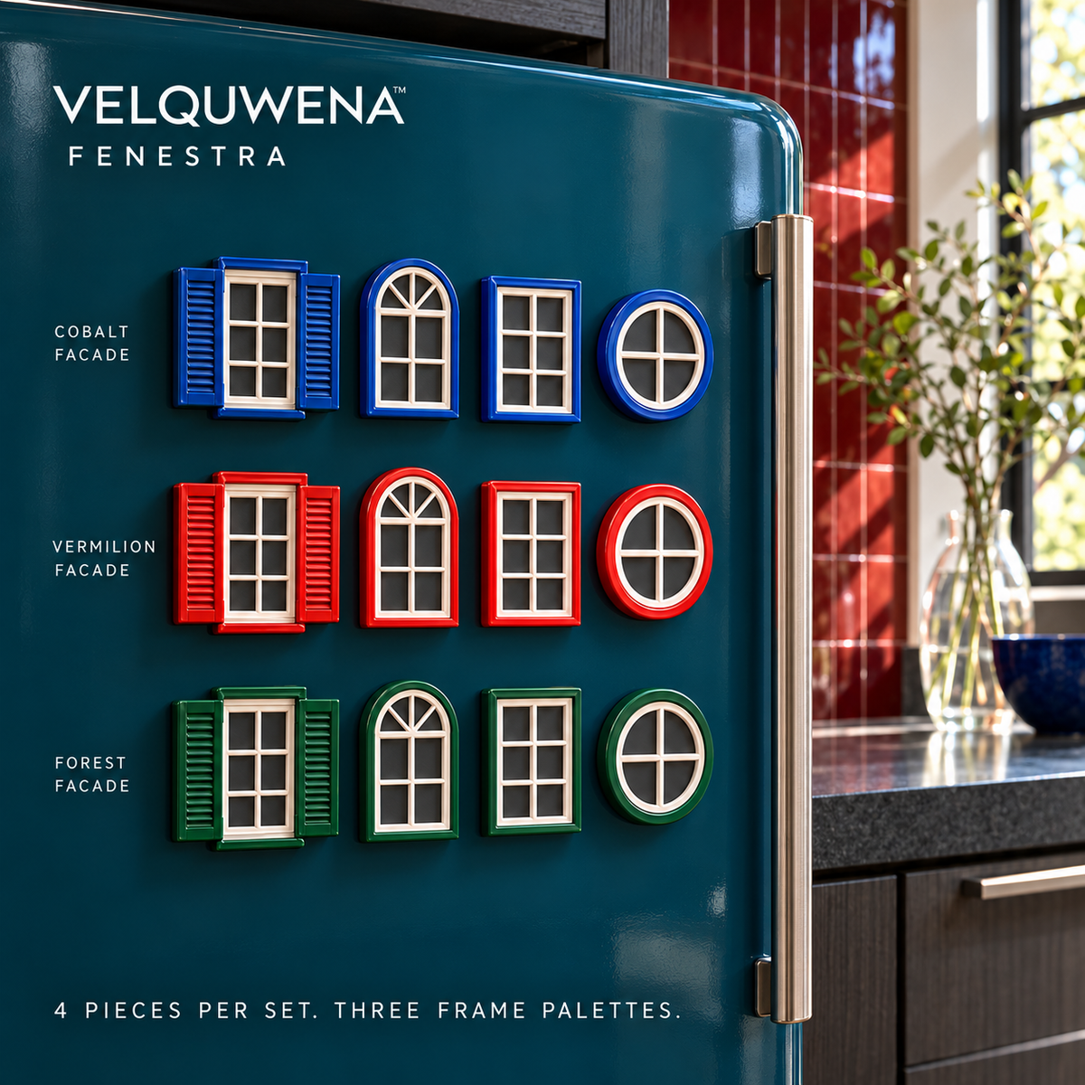 VELQUWENA™ Fenestra Window Refrigerator Magnets — 4-Piece Architectural Fridge Magnet Set with Shutter, Arch, Casement & Round Window Designs