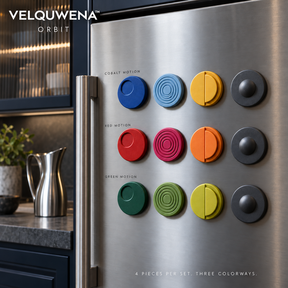 VELQUWENA™ Orbit Geometric Refrigerator Magnets — 4-Piece Circular Relief Fridge Magnet Set for Photos, Notes & Magnetic Board Decor