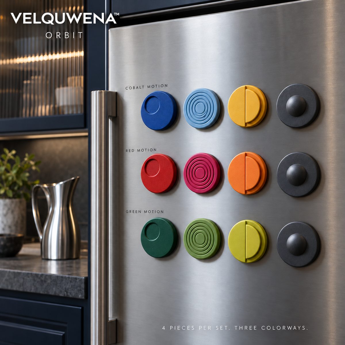 VELQUWENA™ Orbit Geometric Refrigerator Magnets — 4-Piece Circular Relief Fridge Magnet Set for Photos, Notes & Magnetic Board Decor