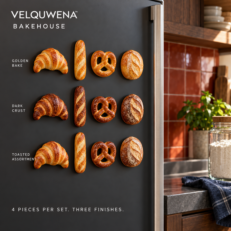 VELQUWENA™ Bakehouse Bread Refrigerator Magnets — 4-Piece Miniature Bakery Fridge Magnet Set with Croissant, Baguette, Pretzel & Sourdough Designs