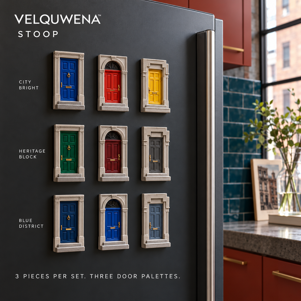 VELQUWENA™ Stoop Townhouse Door Refrigerator Magnets — 3-Piece Architectural Resin Fridge Magnet Set for Photos, Notes & Home Decor