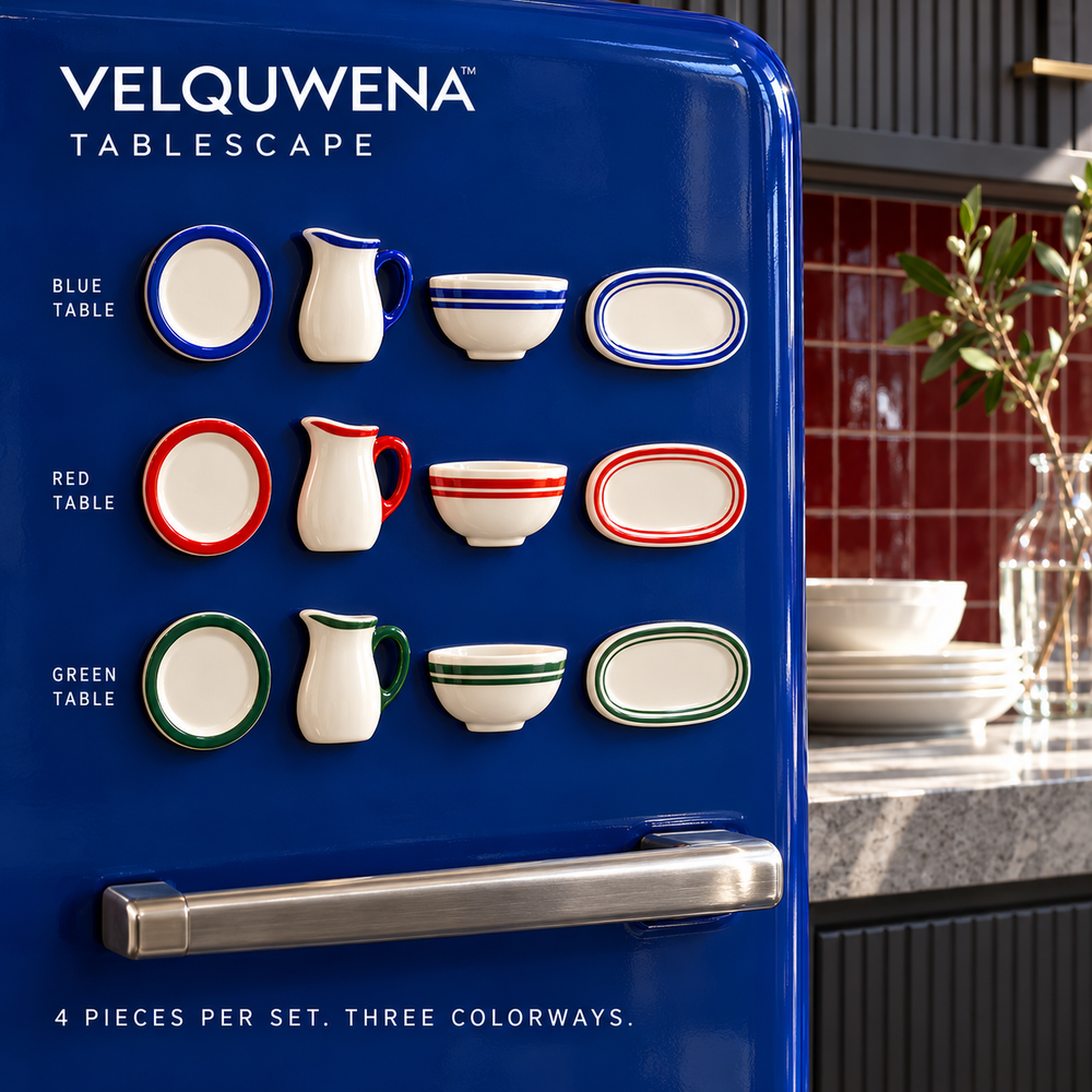 VELQUWENA™ Tablescape Kitchen Refrigerator Magnets — 4-Piece Miniature Tableware Fridge Magnet Set with Plate, Pitcher, Bowl & Serving Platter
