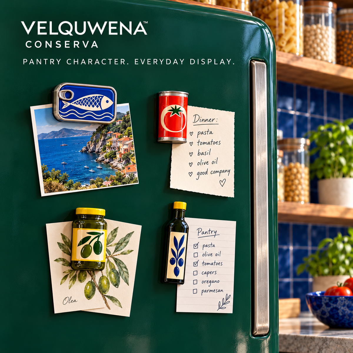 VELQUWENA™ Conserva Pantry Refrigerator Magnets — 4-Piece Decorative Resin Fridge Magnet Set with Sardine Tin, Tomato Can, Olive Jar & Oil Bottle