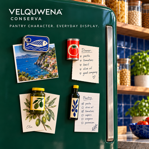 VELQUWENA™ Conserva Pantry Refrigerator Magnets — 4-Piece Decorative Resin Fridge Magnet Set with Sardine Tin, Tomato Can, Olive Jar & Oil Bottle