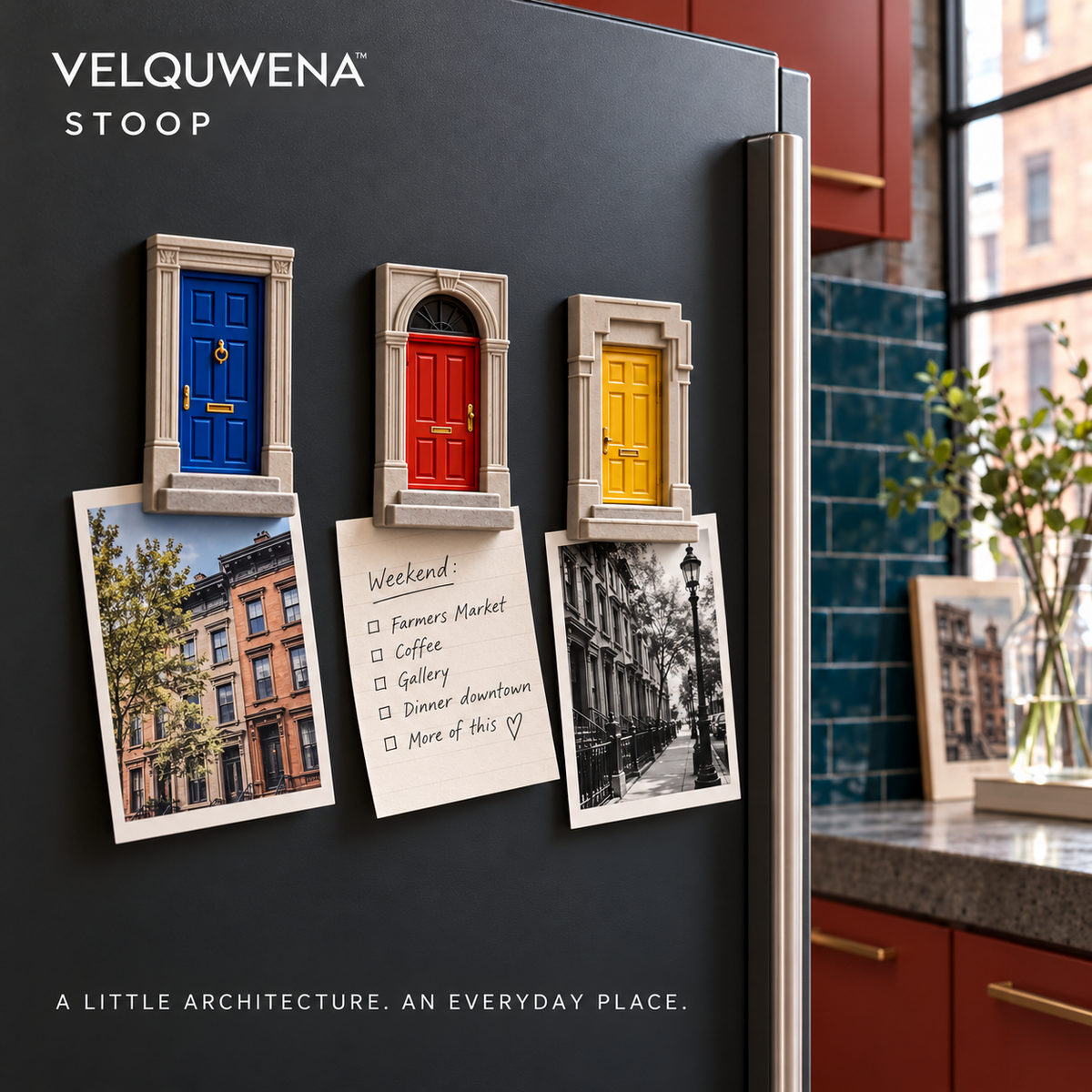 VELQUWENA™ Stoop Townhouse Door Refrigerator Magnets — 3-Piece Architectural Resin Fridge Magnet Set for Photos, Notes & Home Decor