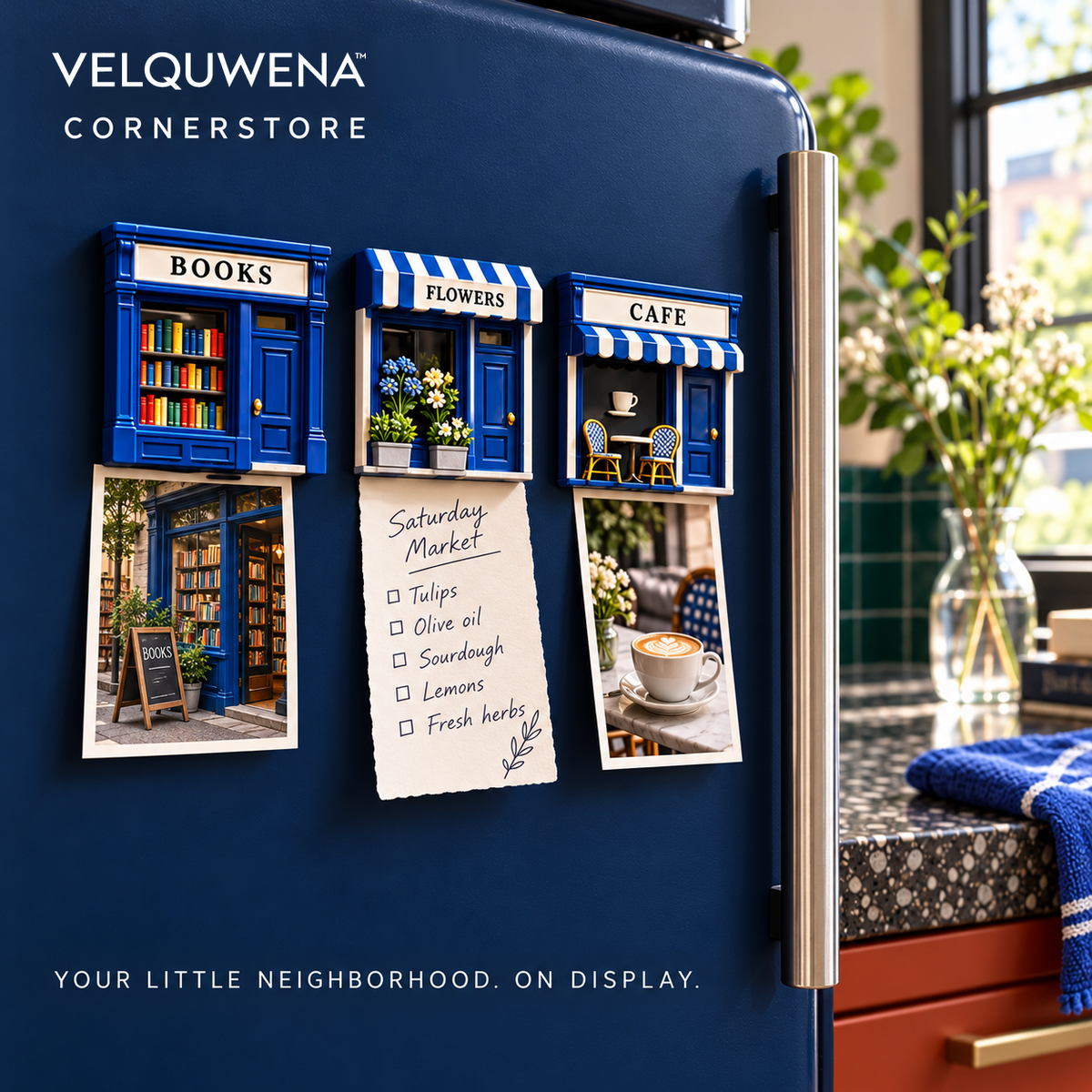 VELQUWENA™ Cornerstore Shopfront Refrigerator Magnets — 3-Piece Miniature Storefront Fridge Magnet Set with Bookshop, Florist & Cafe Designs