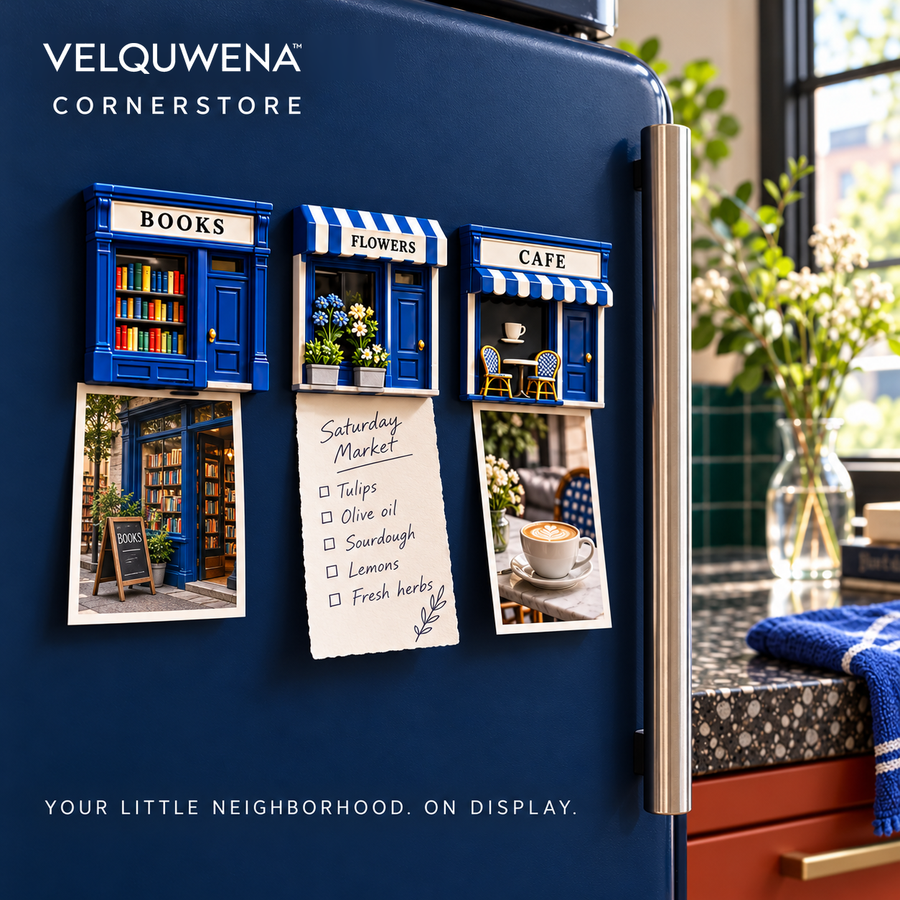 VELQUWENA™ Cornerstore Shopfront Refrigerator Magnets — 3-Piece Miniature Storefront Fridge Magnet Set with Bookshop, Florist & Cafe Designs