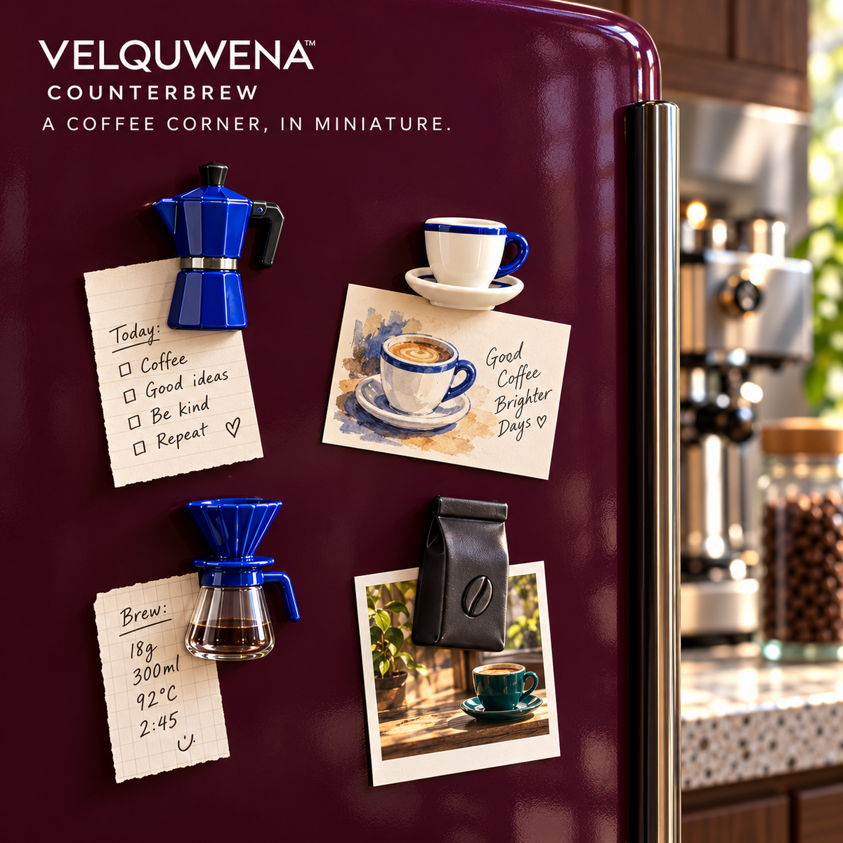 VELQUWENA™ Counterbrew Coffee Refrigerator Magnets — 4-Piece Resin Fridge Magnet Set with Moka Pot, Espresso Cup, Pour-Over & Coffee Bag Designs