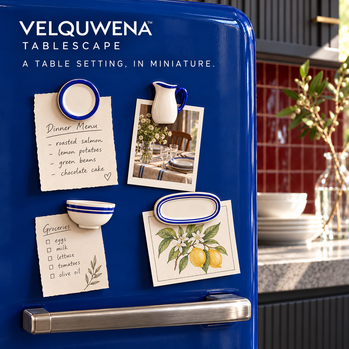 VELQUWENA™ Tablescape Kitchen Refrigerator Magnets — 4-Piece Miniature Tableware Fridge Magnet Set with Plate, Pitcher, Bowl & Serving Platter