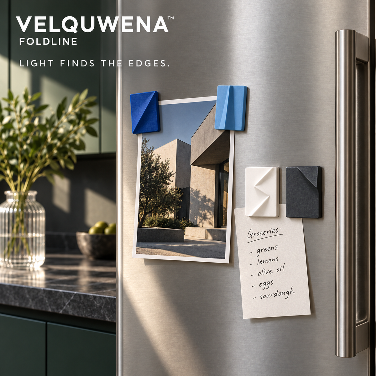 VELQUWENA™ Foldline Abstract Fridge Magnets — 4-Piece Folded-Form Resin Refrigerator Magnet Set for Kitchen Notes, Photos & Office Boards