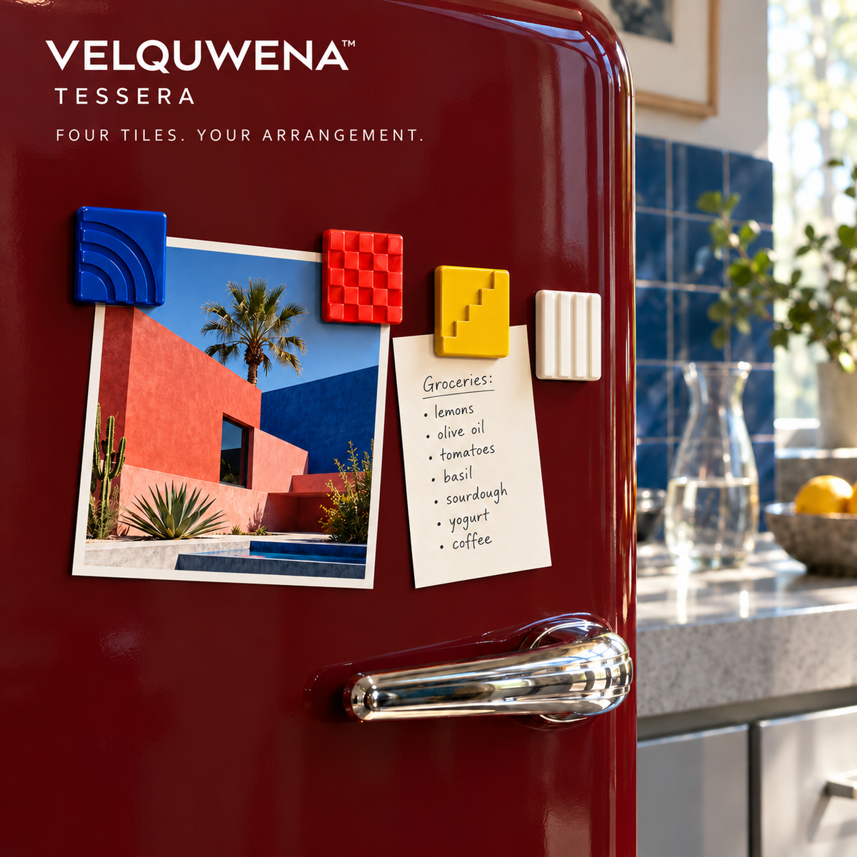 VELQUWENA™ Tessera Decorative Tile Fridge Magnets — 4-Piece Geometric Relief Refrigerator Magnet Set for Kitchen Photos, Notes & Magnetic Boards