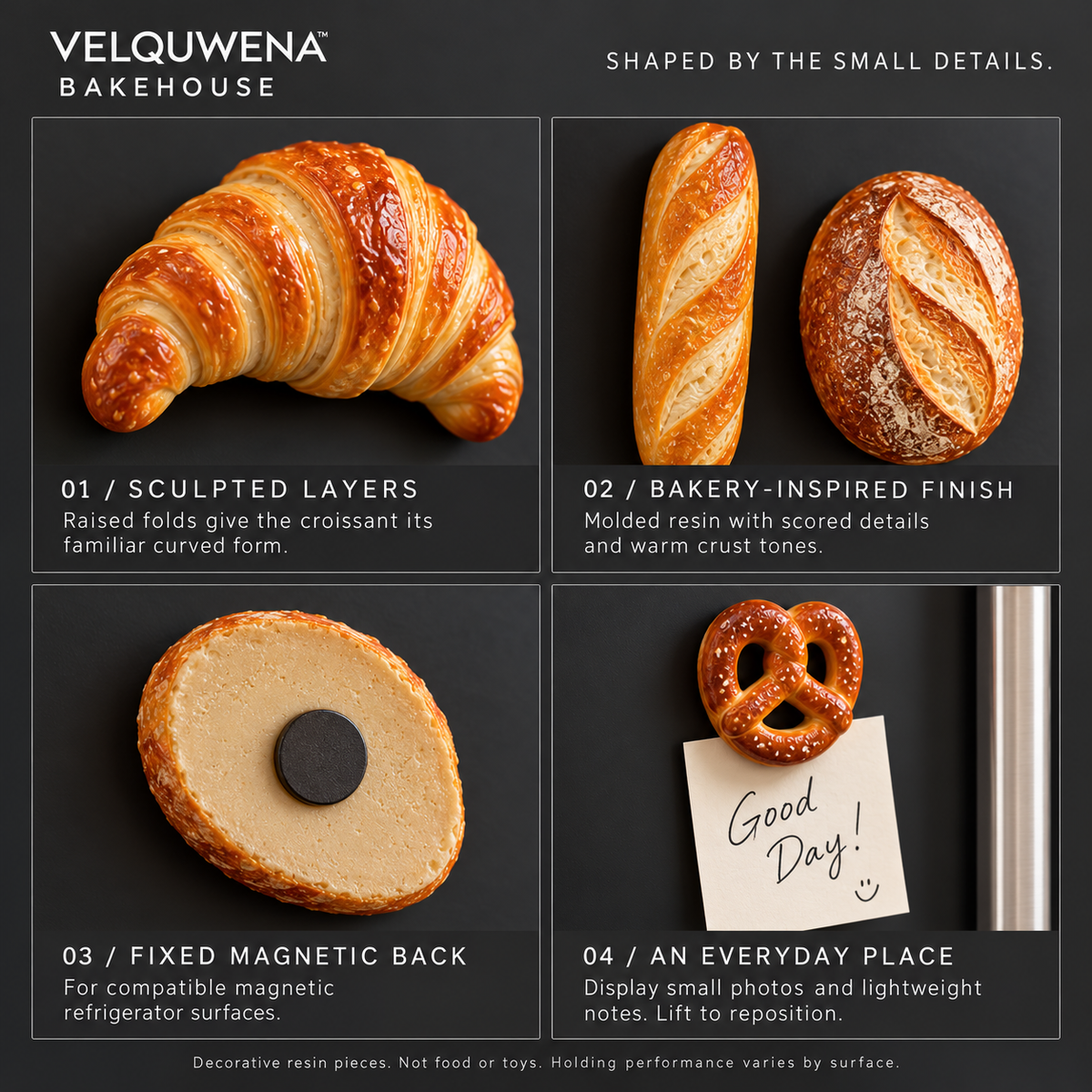 VELQUWENA™ Bakehouse Bread Refrigerator Magnets — 4-Piece Miniature Bakery Fridge Magnet Set with Croissant, Baguette, Pretzel & Sourdough Designs