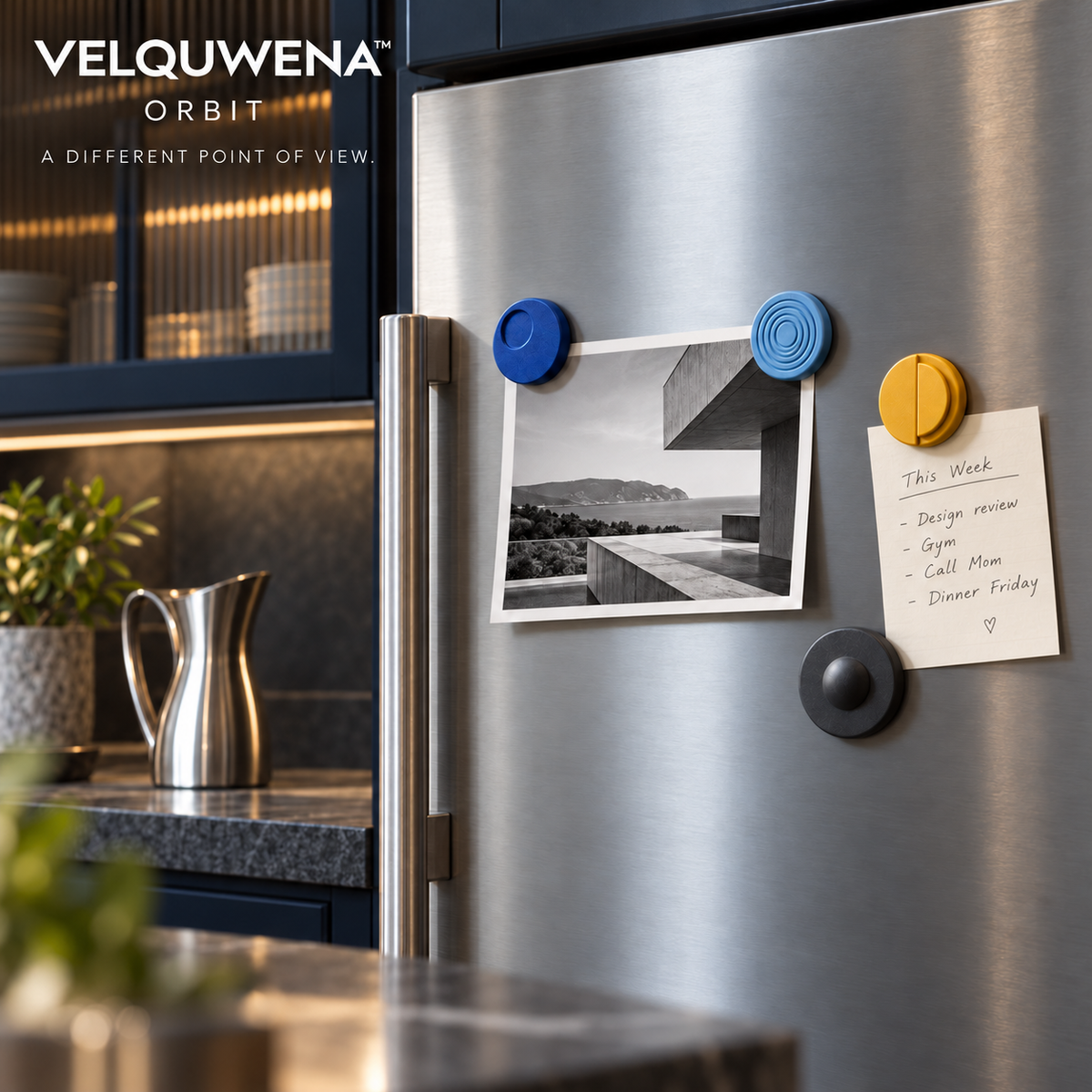 VELQUWENA™ Orbit Geometric Refrigerator Magnets — 4-Piece Circular Relief Fridge Magnet Set for Photos, Notes & Magnetic Board Decor