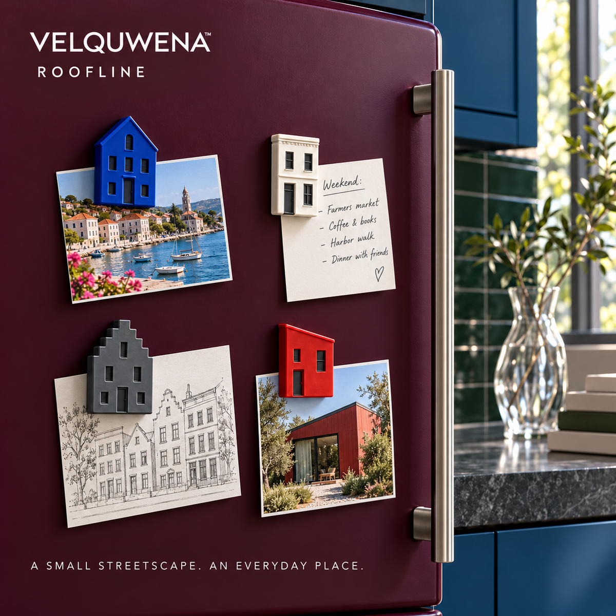 VELQUWENA™ Roofline House Refrigerator Magnets — 4-Piece Miniature Architectural Fridge Magnet Set for Kitchen Photos, Notes & Home Decor
