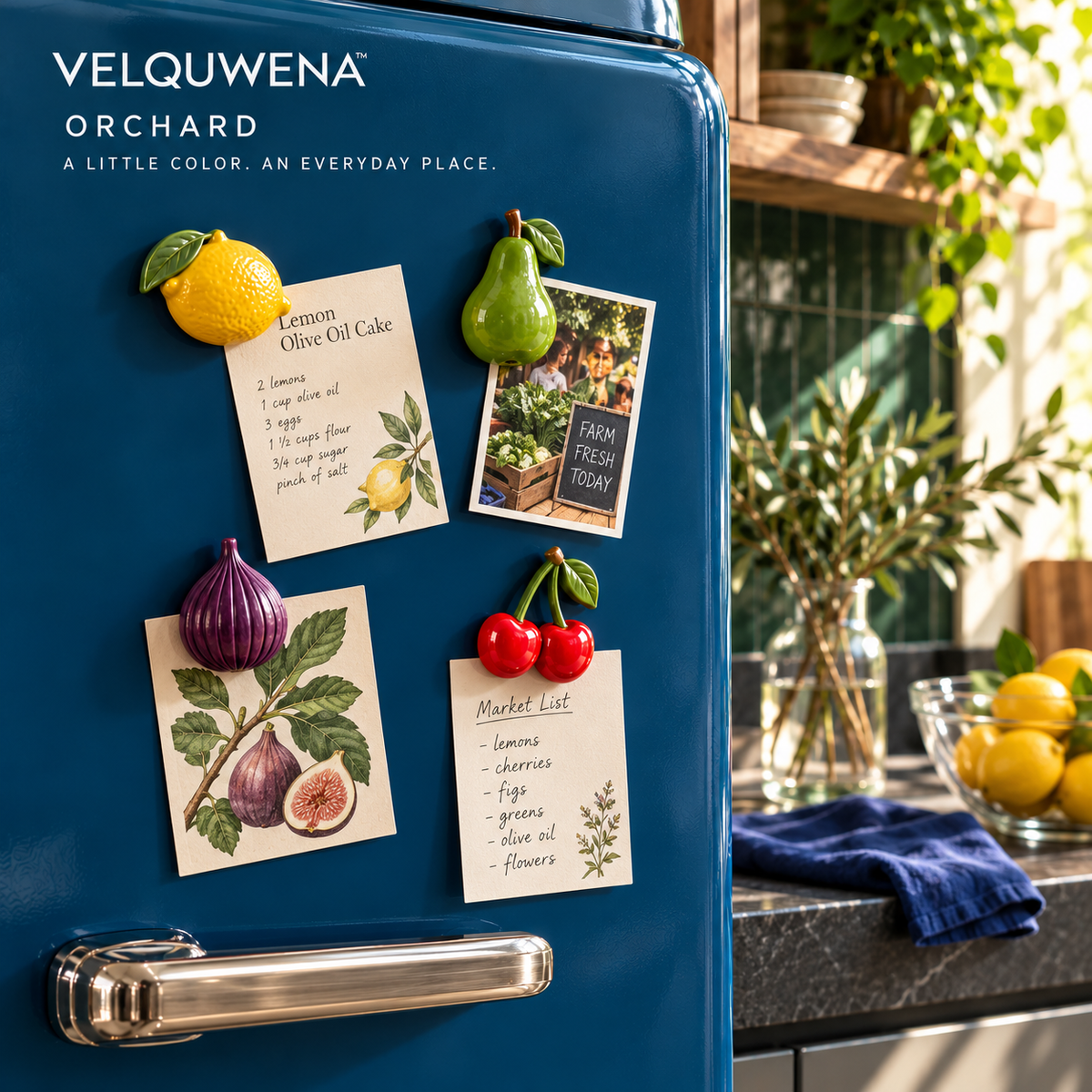 VELQUWENA™ Orchard Fruit Refrigerator Magnets — 4-Piece Sculptural Resin Fridge Magnet Set with Lemon, Pear, Fig & Cherry Designs