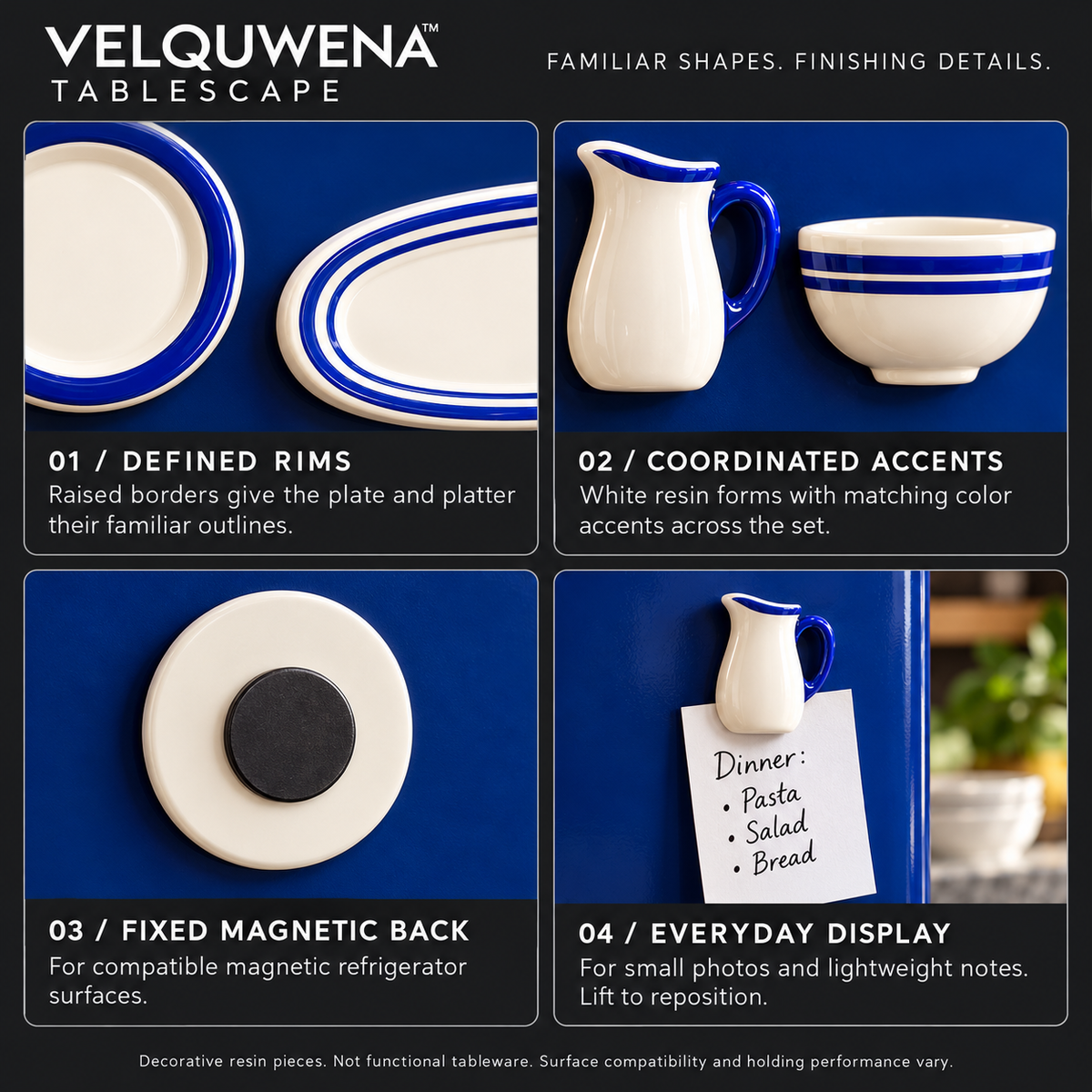 VELQUWENA™ Tablescape Kitchen Refrigerator Magnets — 4-Piece Miniature Tableware Fridge Magnet Set with Plate, Pitcher, Bowl & Serving Platter