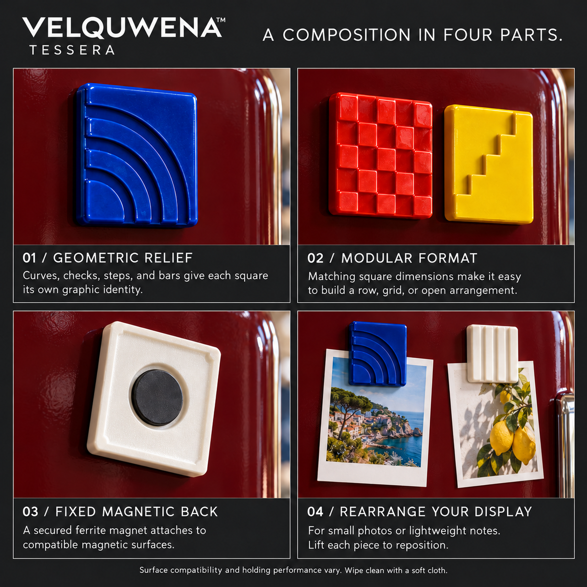 VELQUWENA™ Tessera Decorative Tile Fridge Magnets — 4-Piece Geometric Relief Refrigerator Magnet Set for Kitchen Photos, Notes & Magnetic Boards