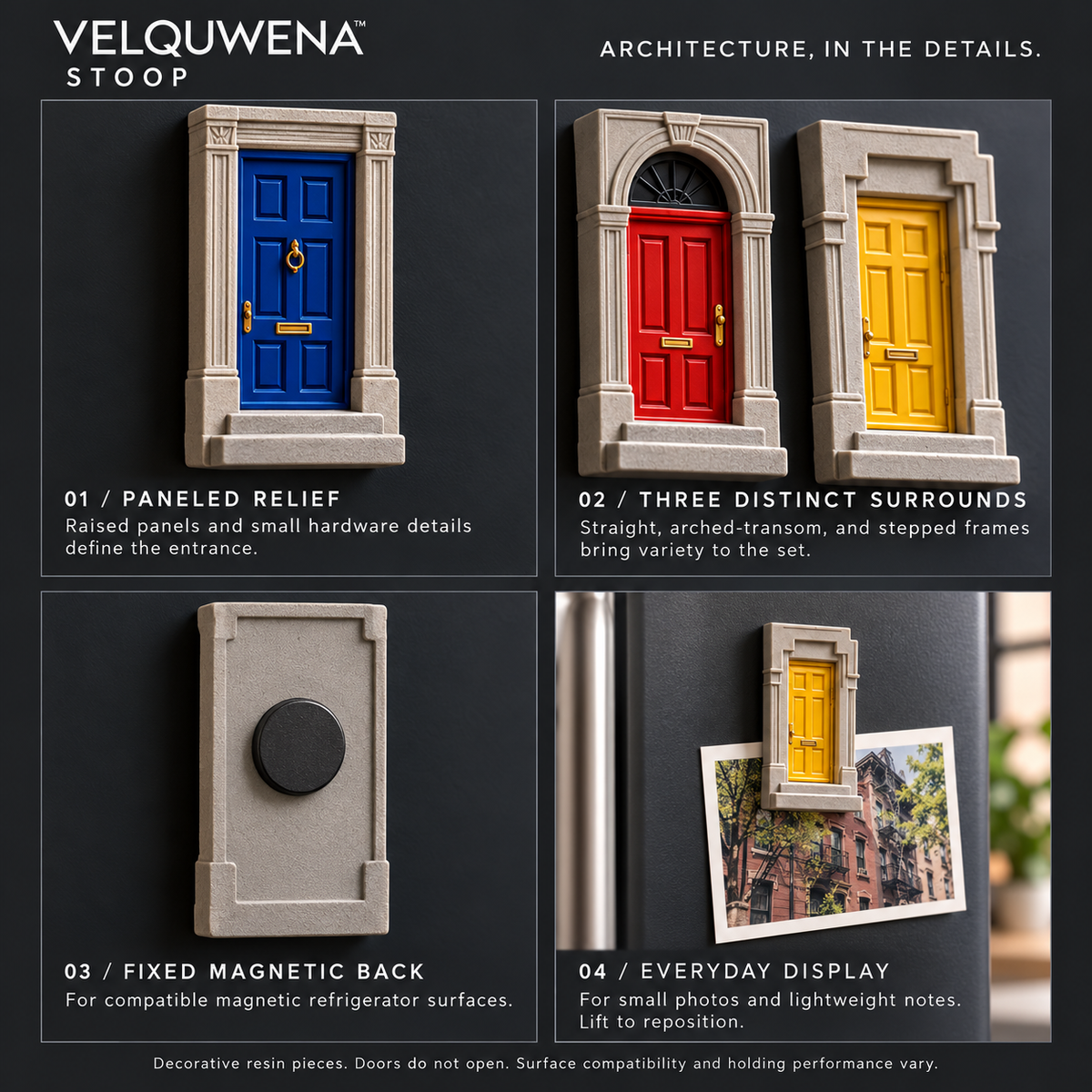 VELQUWENA™ Stoop Townhouse Door Refrigerator Magnets — 3-Piece Architectural Resin Fridge Magnet Set for Photos, Notes & Home Decor