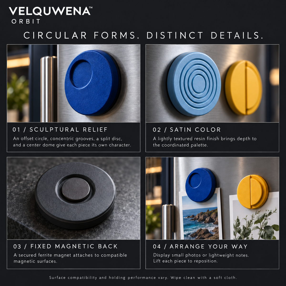 VELQUWENA™ Orbit Geometric Refrigerator Magnets — 4-Piece Circular Relief Fridge Magnet Set for Photos, Notes & Magnetic Board Decor