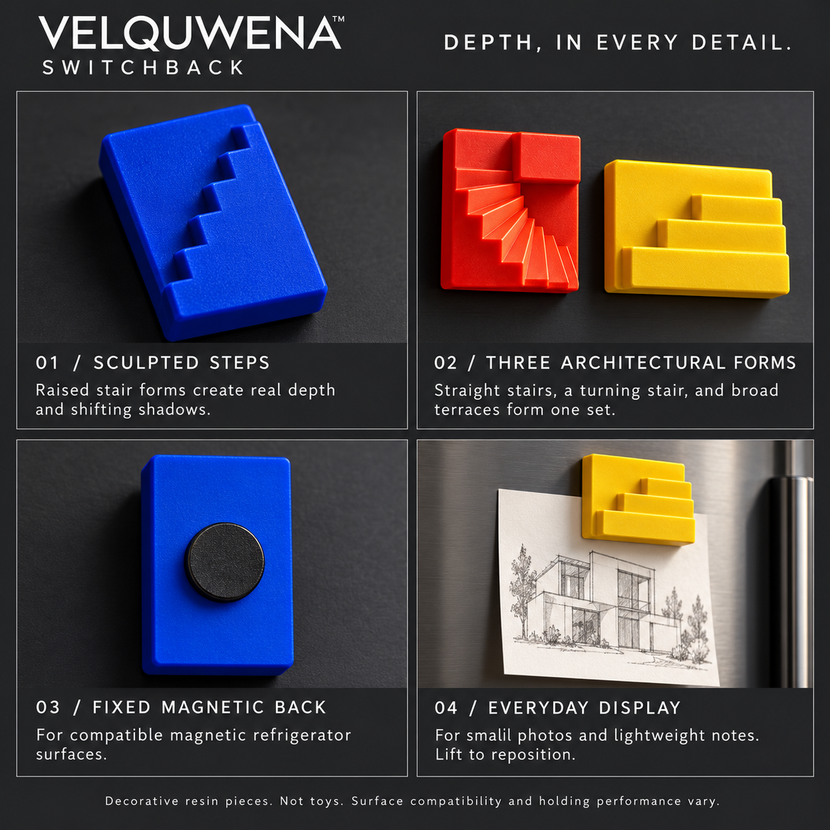 VELQUWENA™ Switchback Staircase Refrigerator Magnets — 3-Piece Sculptural Architecture Fridge Magnet Set for Photos, Notes & Magnetic Board Decor