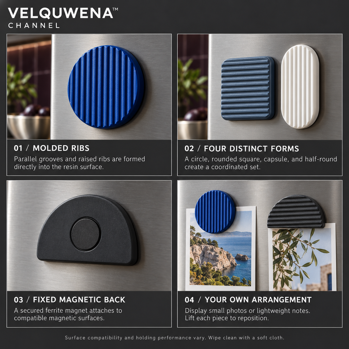 VELQUWENA™ Channel Ribbed Refrigerator Magnets — 4-Piece Textured Geometric Fridge Magnet Set for Photos, Lists & Modern Kitchen Decor