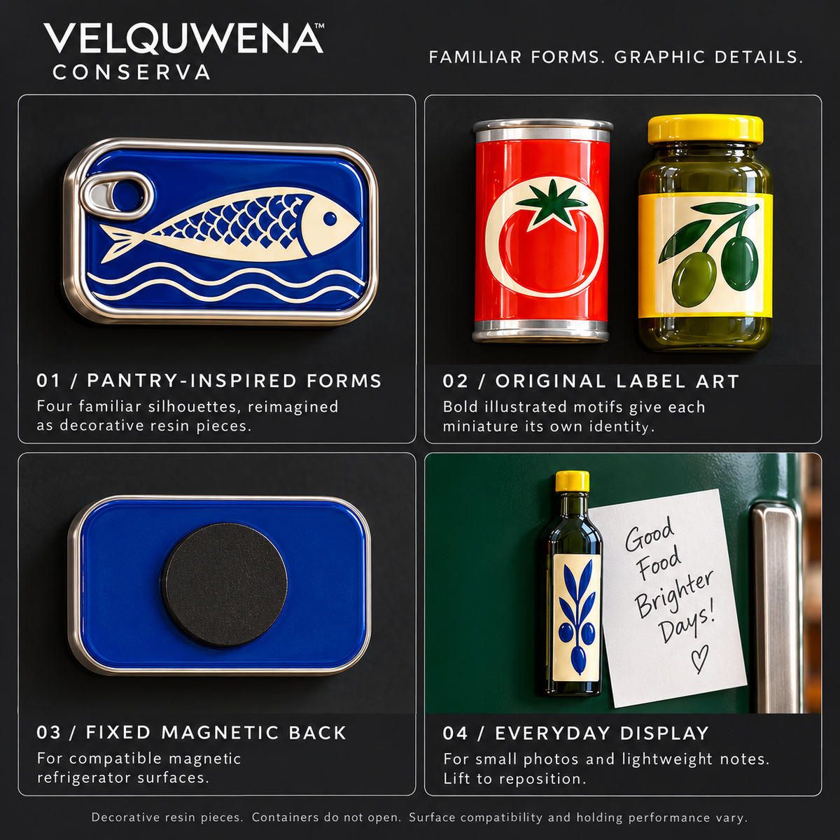 VELQUWENA™ Conserva Pantry Refrigerator Magnets — 4-Piece Decorative Resin Fridge Magnet Set with Sardine Tin, Tomato Can, Olive Jar & Oil Bottle