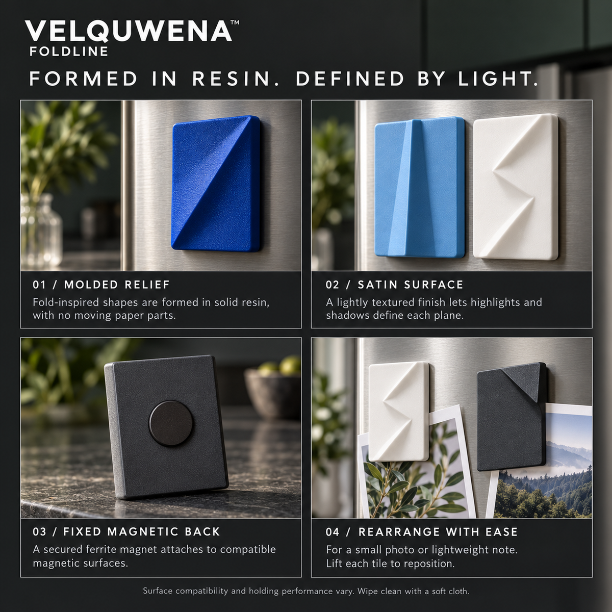 VELQUWENA™ Foldline Abstract Fridge Magnets — 4-Piece Folded-Form Resin Refrigerator Magnet Set for Kitchen Notes, Photos & Office Boards