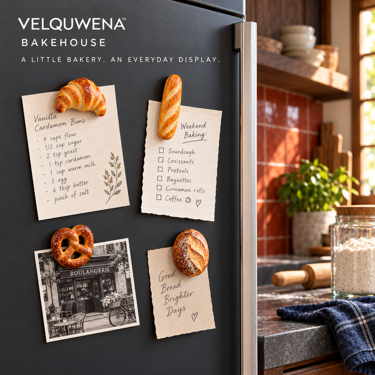 VELQUWENA™ Bakehouse Bread Refrigerator Magnets — 4-Piece Miniature Bakery Fridge Magnet Set with Croissant, Baguette, Pretzel & Sourdough Designs