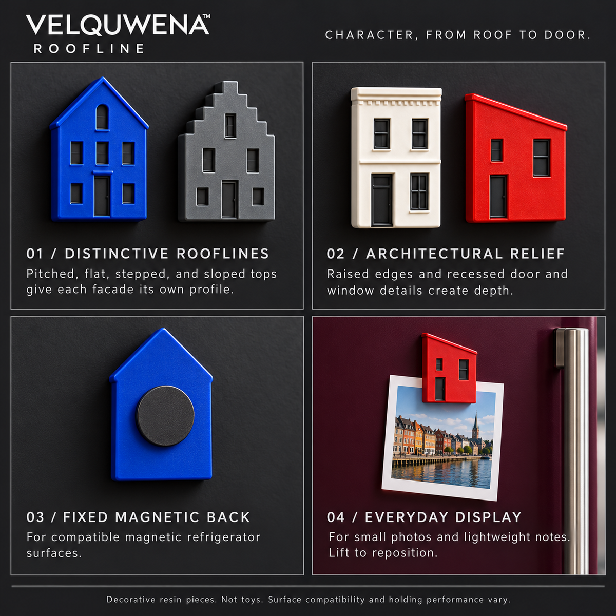 VELQUWENA™ Roofline House Refrigerator Magnets — 4-Piece Miniature Architectural Fridge Magnet Set for Kitchen Photos, Notes & Home Decor