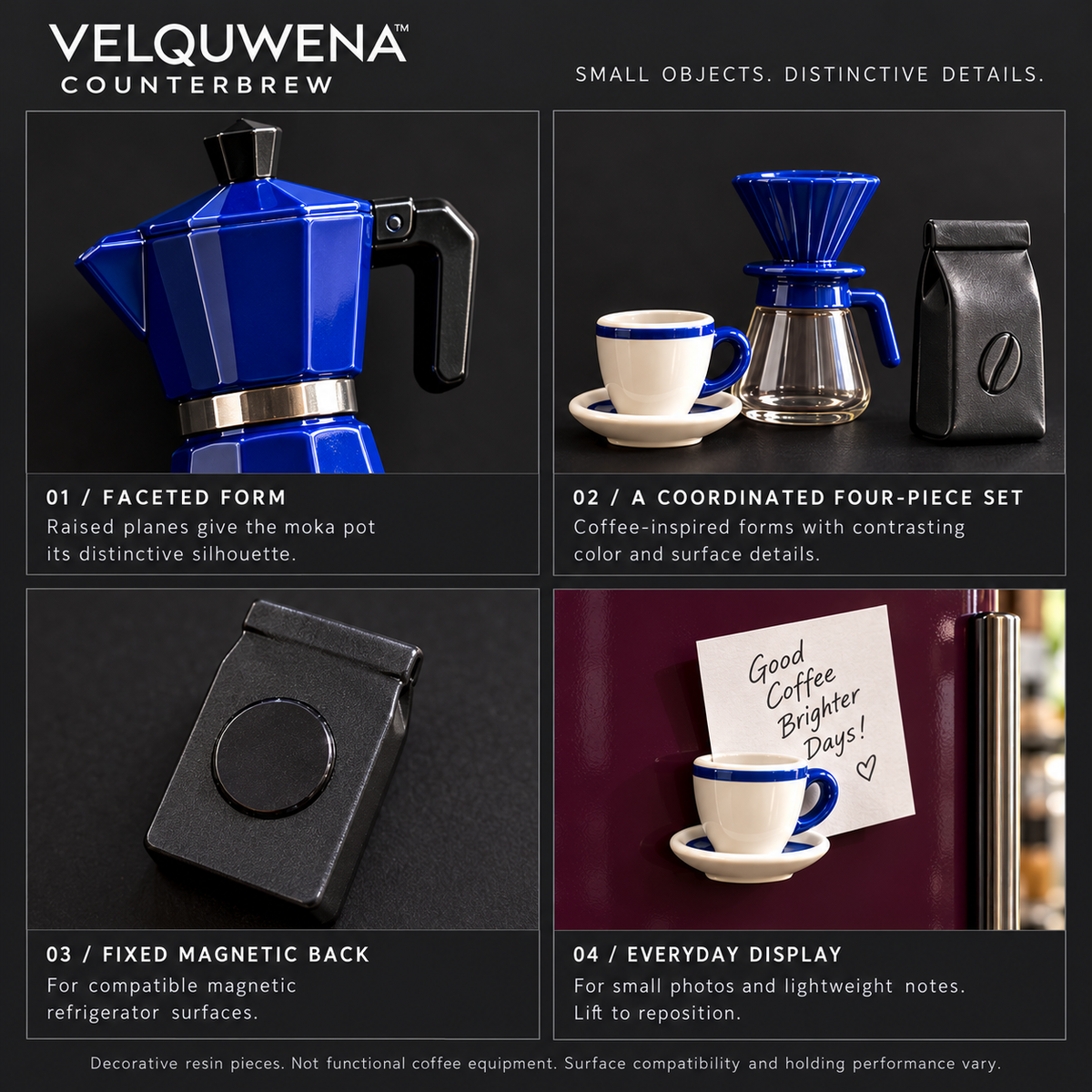 VELQUWENA™ Counterbrew Coffee Refrigerator Magnets — 4-Piece Resin Fridge Magnet Set with Moka Pot, Espresso Cup, Pour-Over & Coffee Bag Designs