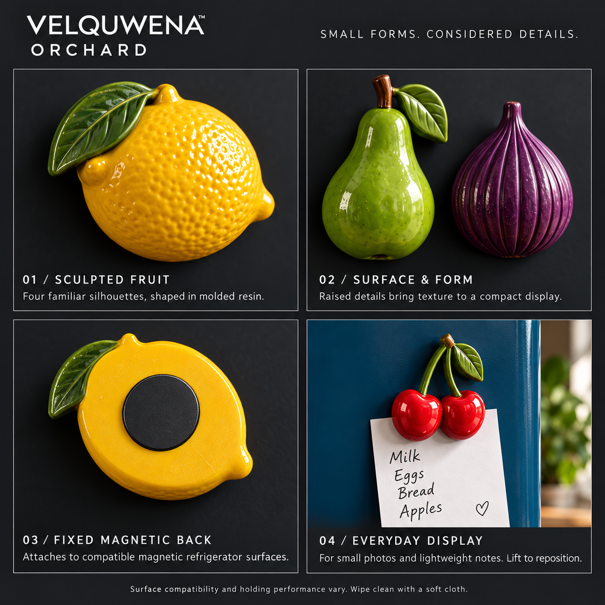 VELQUWENA™ Orchard Fruit Refrigerator Magnets — 4-Piece Sculptural Resin Fridge Magnet Set with Lemon, Pear, Fig & Cherry Designs