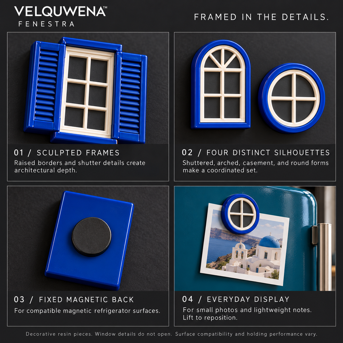 VELQUWENA™ Fenestra Window Refrigerator Magnets — 4-Piece Architectural Fridge Magnet Set with Shutter, Arch, Casement & Round Window Designs
