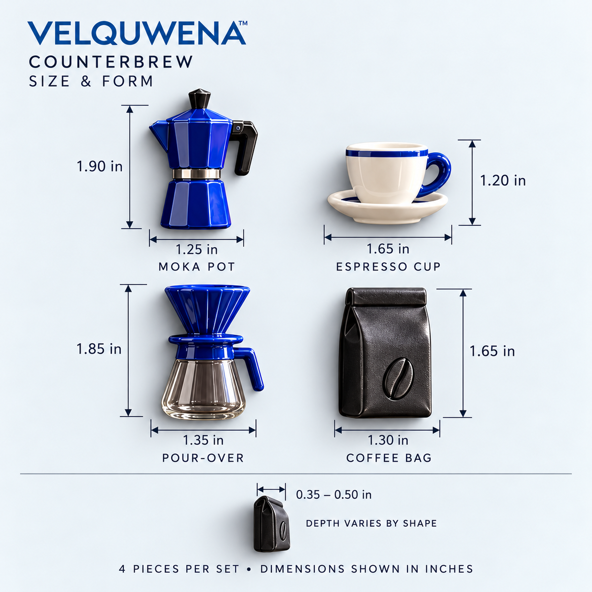 VELQUWENA™ Counterbrew Coffee Refrigerator Magnets — 4-Piece Resin Fridge Magnet Set with Moka Pot, Espresso Cup, Pour-Over & Coffee Bag Designs