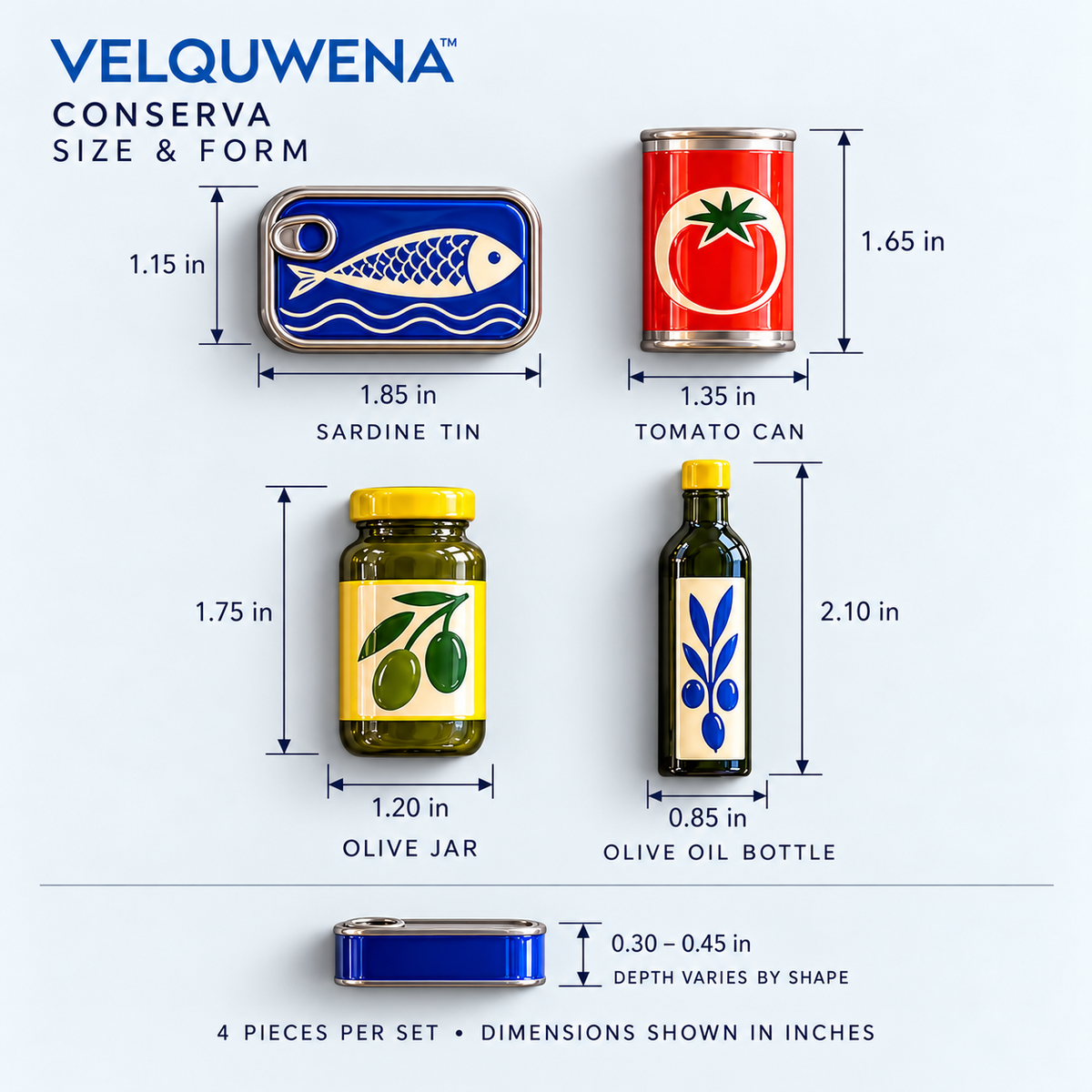 VELQUWENA™ Conserva Pantry Refrigerator Magnets — 4-Piece Decorative Resin Fridge Magnet Set with Sardine Tin, Tomato Can, Olive Jar & Oil Bottle