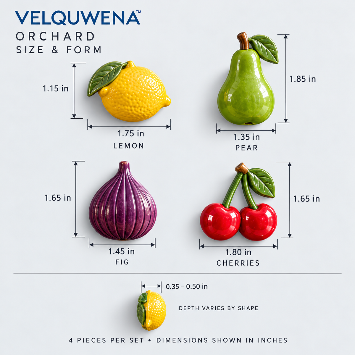 VELQUWENA™ Orchard Fruit Refrigerator Magnets — 4-Piece Sculptural Resin Fridge Magnet Set with Lemon, Pear, Fig & Cherry Designs