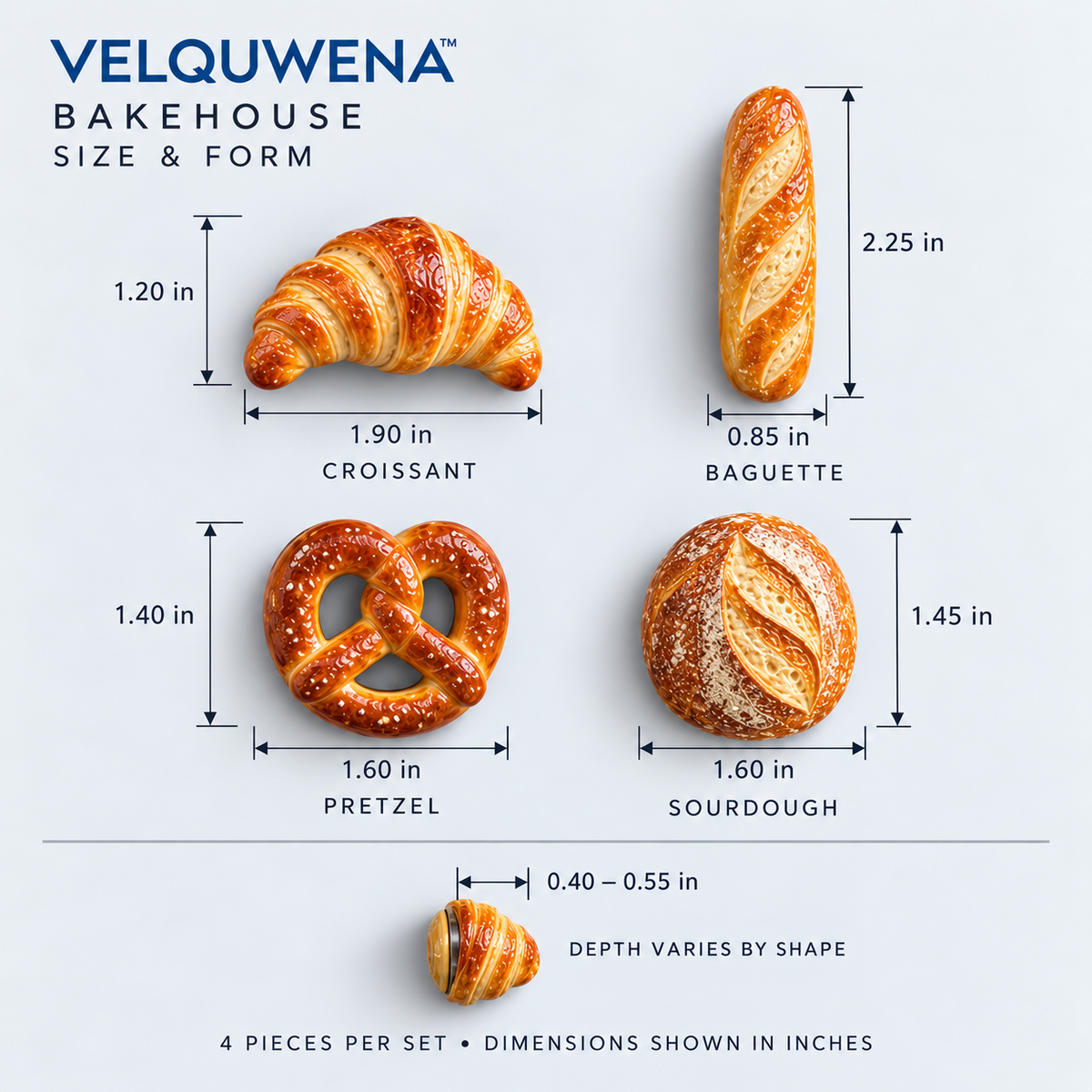 VELQUWENA™ Bakehouse Bread Refrigerator Magnets — 4-Piece Miniature Bakery Fridge Magnet Set with Croissant, Baguette, Pretzel & Sourdough Designs
